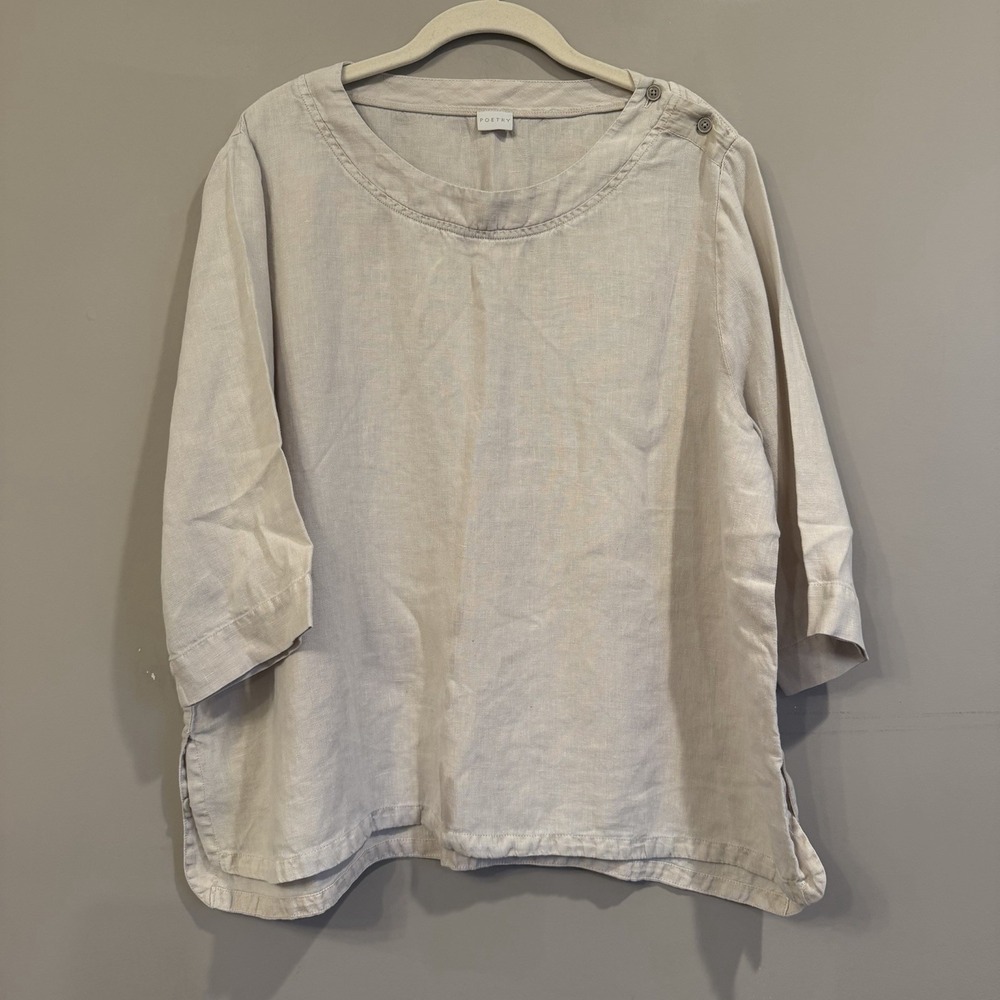 Poetry Tan Linen 3/4 Length Sleeves Size 14 Lagenlook Minimalist